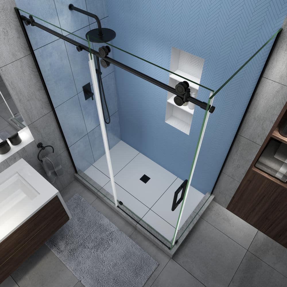 Langham XL Matte Black Frameless Sliding Shower Enclosure with Clear Glass