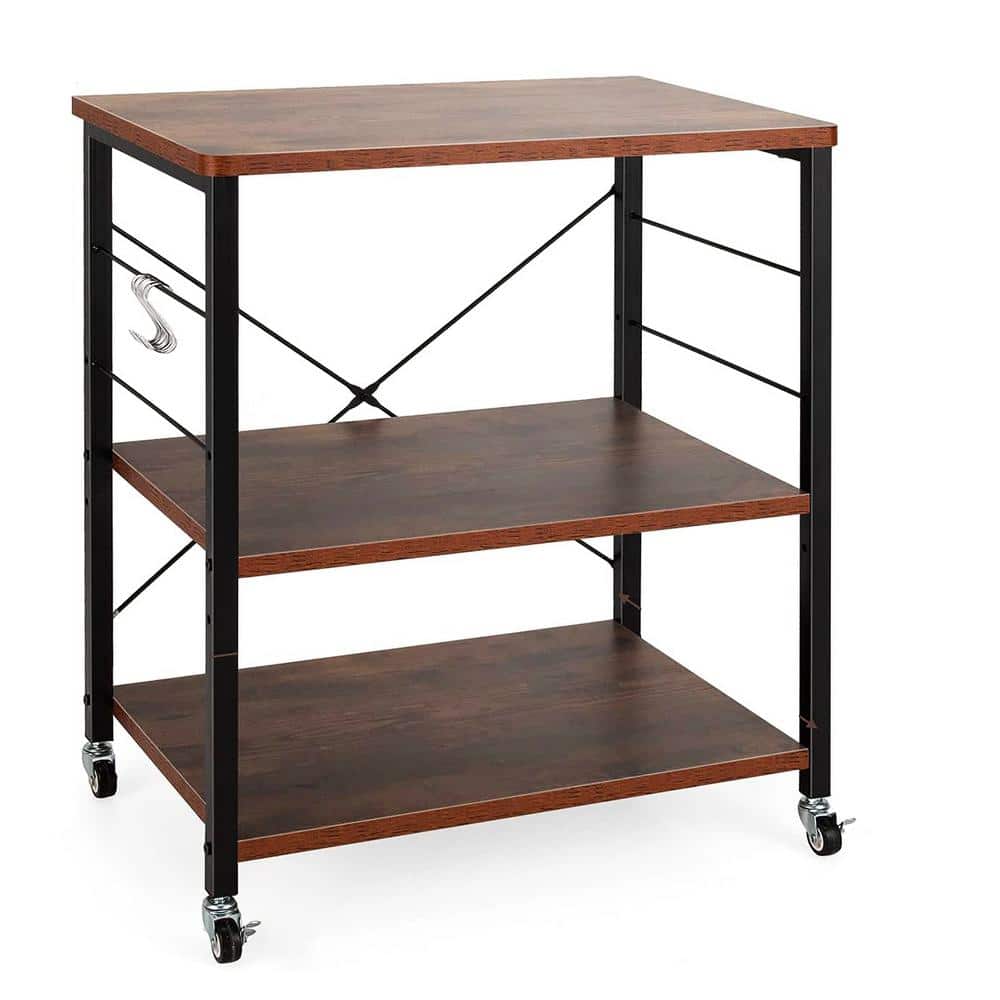 3-Tier Brown Wood Kitchen Cart with 10-Hooks - thumbnail 3