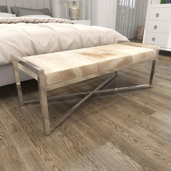 Litton Lane Beige Bench with Hair on Hide Seat 17 in. X 48 in. X 20 in.