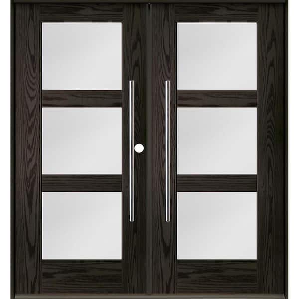 Krosswood Doors Faux Pivot 72 in. x 80 in. Left-Active/Inswing 3-Lite Satin Glass Baby Grand Stain Double Fiberglass Prehung Front Door