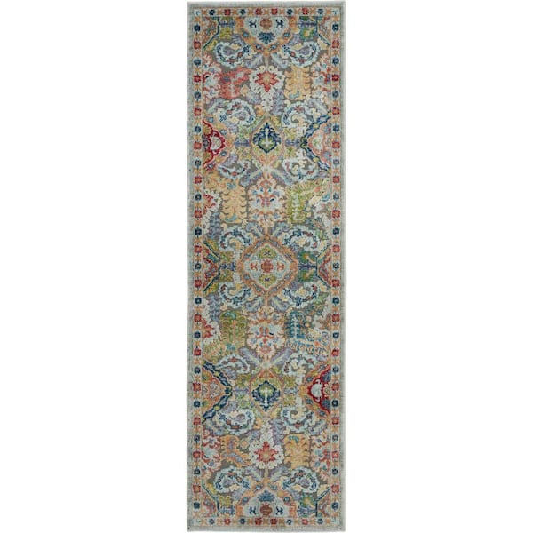 Nourison Global Vintage Grey/Multicolor 2 ft. x 6 ft. Border Tradtional Kitchen Runner Area Rug