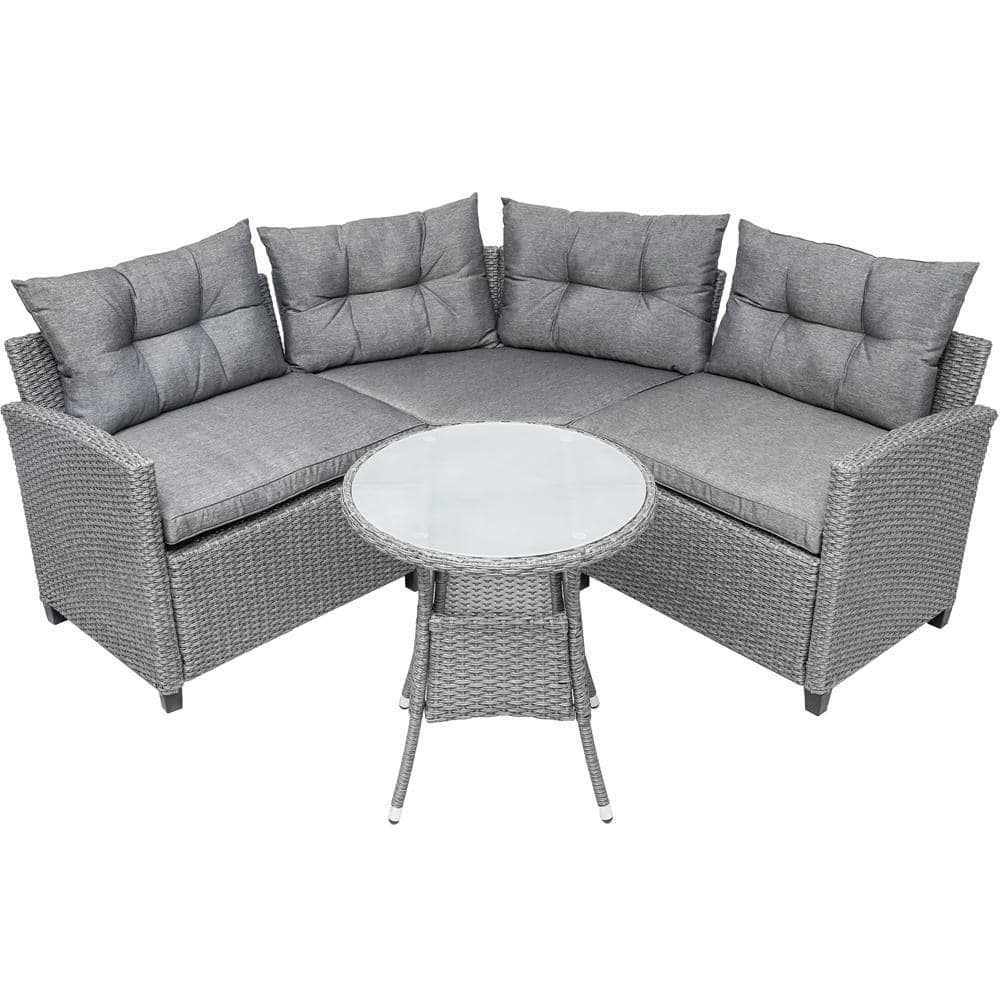 Resin 4-Piece Wicker Patio Furniture Set with Light Gray Cushions