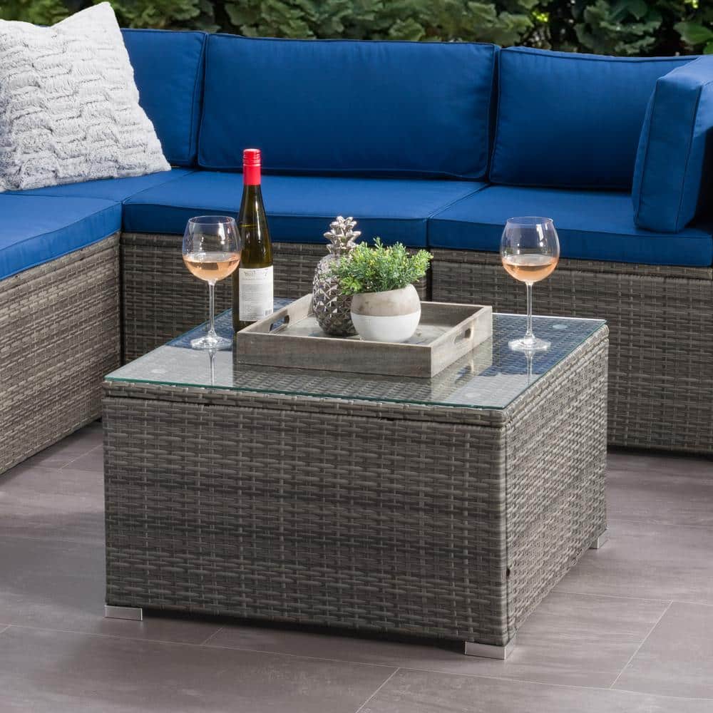 Gray Wicker Square Patio Coffee Table with Glass Top