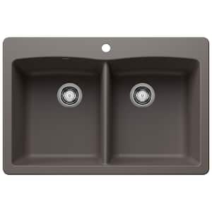 Diamond Silgranit 33 in. Drop-In/Undermount 50/50 Double Bowl Volcano Gray Granite Composite Kitchen Sink