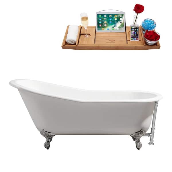 Streamline 67 in. Cast Iron Clawfoot Non-Whirlpool Bathtub in Glossy White with Polished Chrome Drain And Polished Chrome Clawfeet