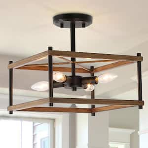 Araphi Modern Farmhouse 4-Light Black Semi-Flush Mount Light with Rustic Faux Wood Accent Square Cage Shade for Foyer