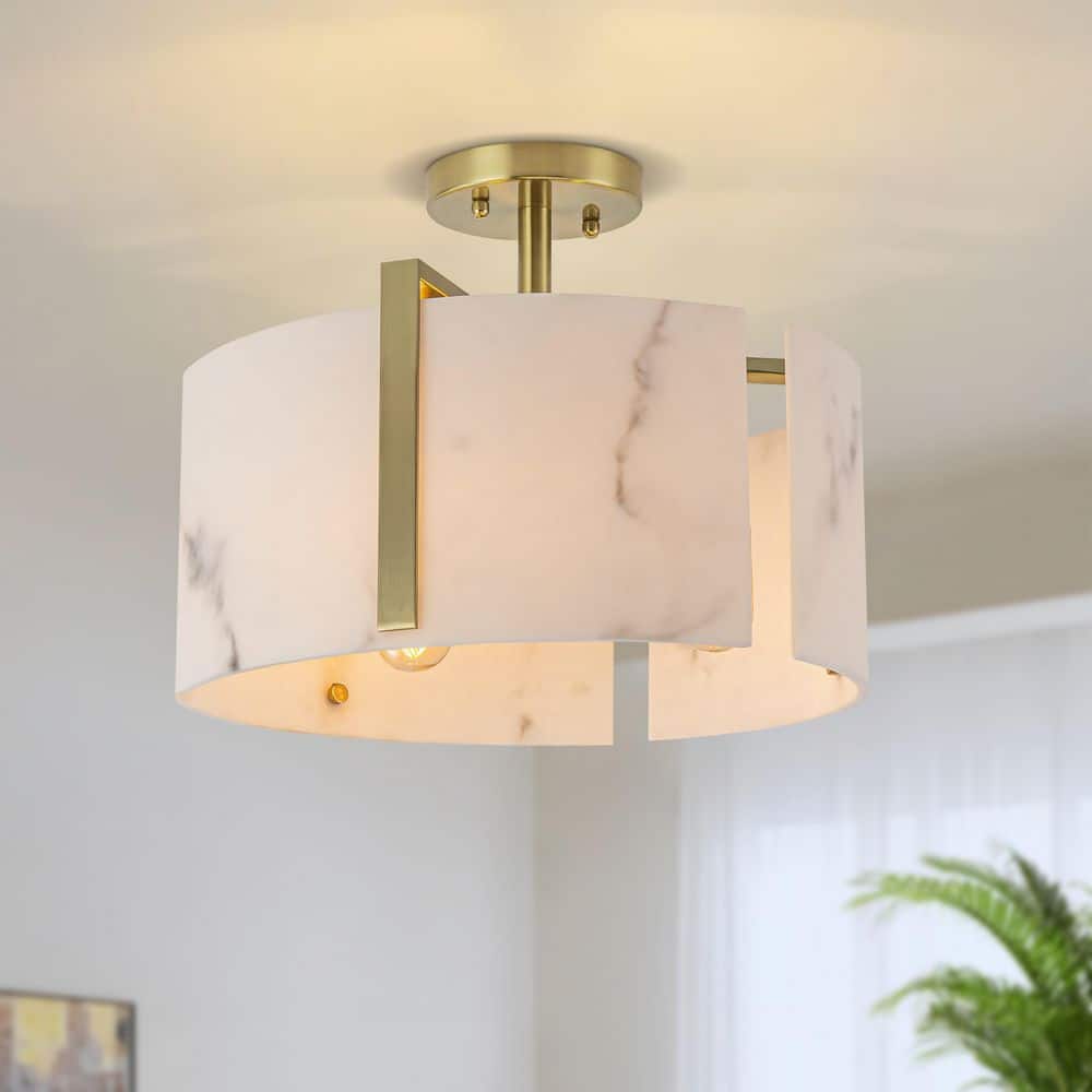 14.02 in. 3-Light Gold Mid-Century Drum Alabaster Resin Shade Semi-Flush Mount Ceiling Light price history on PriceWatchPro