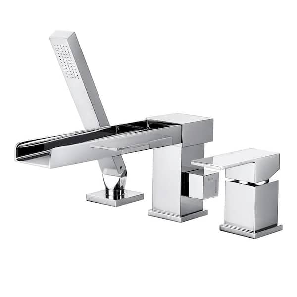 WOWOW Waterfall Single-Handle Deck-Mount Roman Tub Faucet with Hand Shower in Polished Chrome