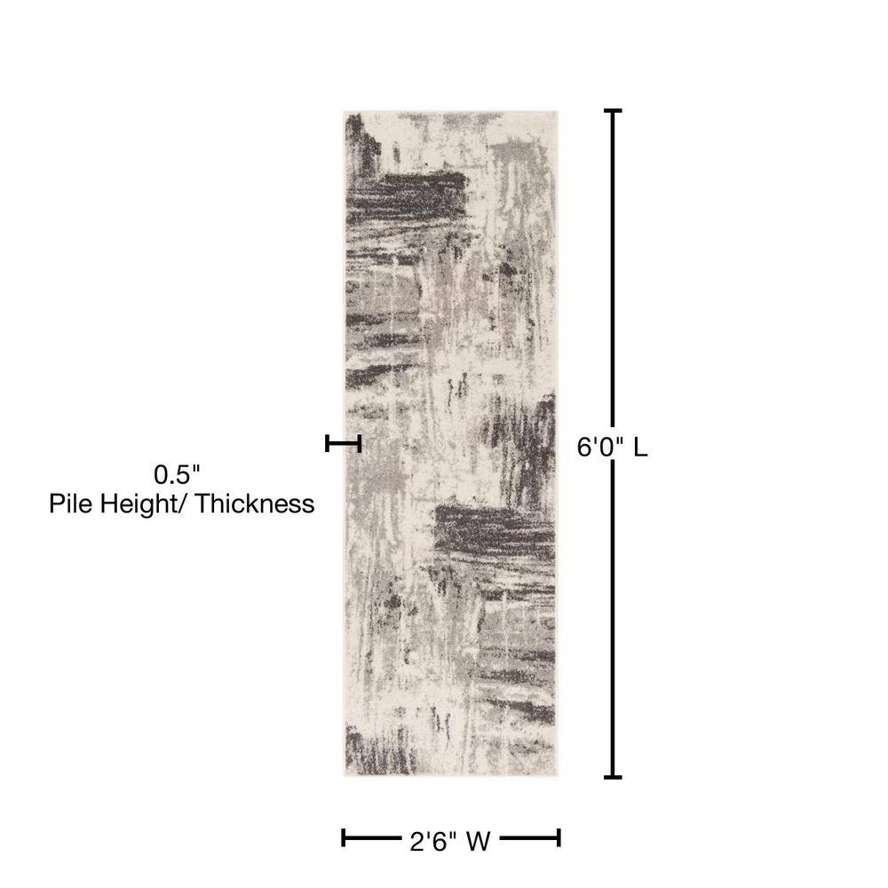 Ivory and Grey Abstract Synthetic Runner Rug 2'6" x 6'