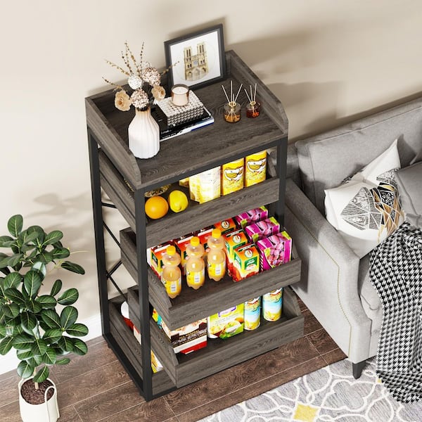 Gray Wood 47.63 in. H Pantry Cabinet with Pull-Out Snack Stand, 5 tier stroage Cabinet for Living Room, Kitchen, Home