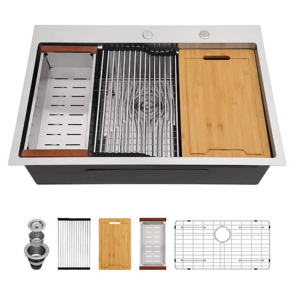 33 in.x 22 in.Workstation Single Bowl 16-Gauge Stainless Steel Drop-In Kitchen Sink with Bottom Grid