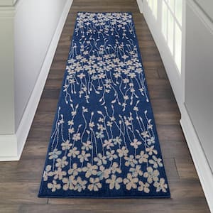 Tranquil Navy Blue 2 ft. x 7 ft. Floral Modern Kitchen Runner Area Rug