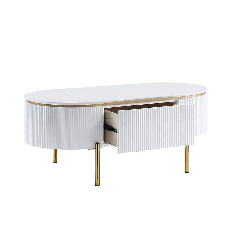 White and Gold Oval Wood Coffee Table with Metal Legs