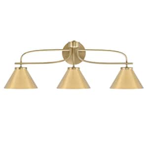 Olympia 28.5 in. 3-Light New Age Brass Vanity Light  New Age Brass Cone Metal Shade