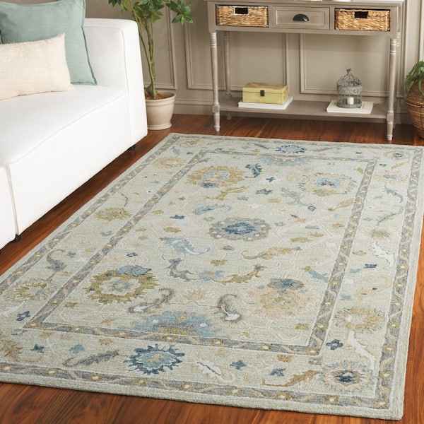 Metro 5 ft. x 8 ft. Beige/Blue Geometric Ornate Border Area Rug