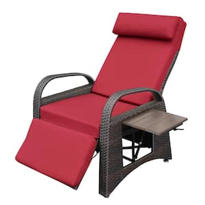 Adjustable Ergonomic Brown PE Wicker Outdoor Recliner Chair with Red Cushion