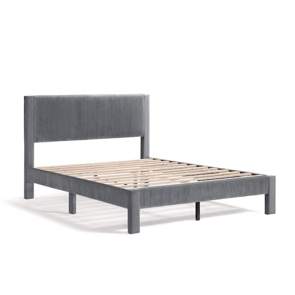 Roco Gray Wood Upholstered Velvet Frame Queen Platform Bed With Slat Kit