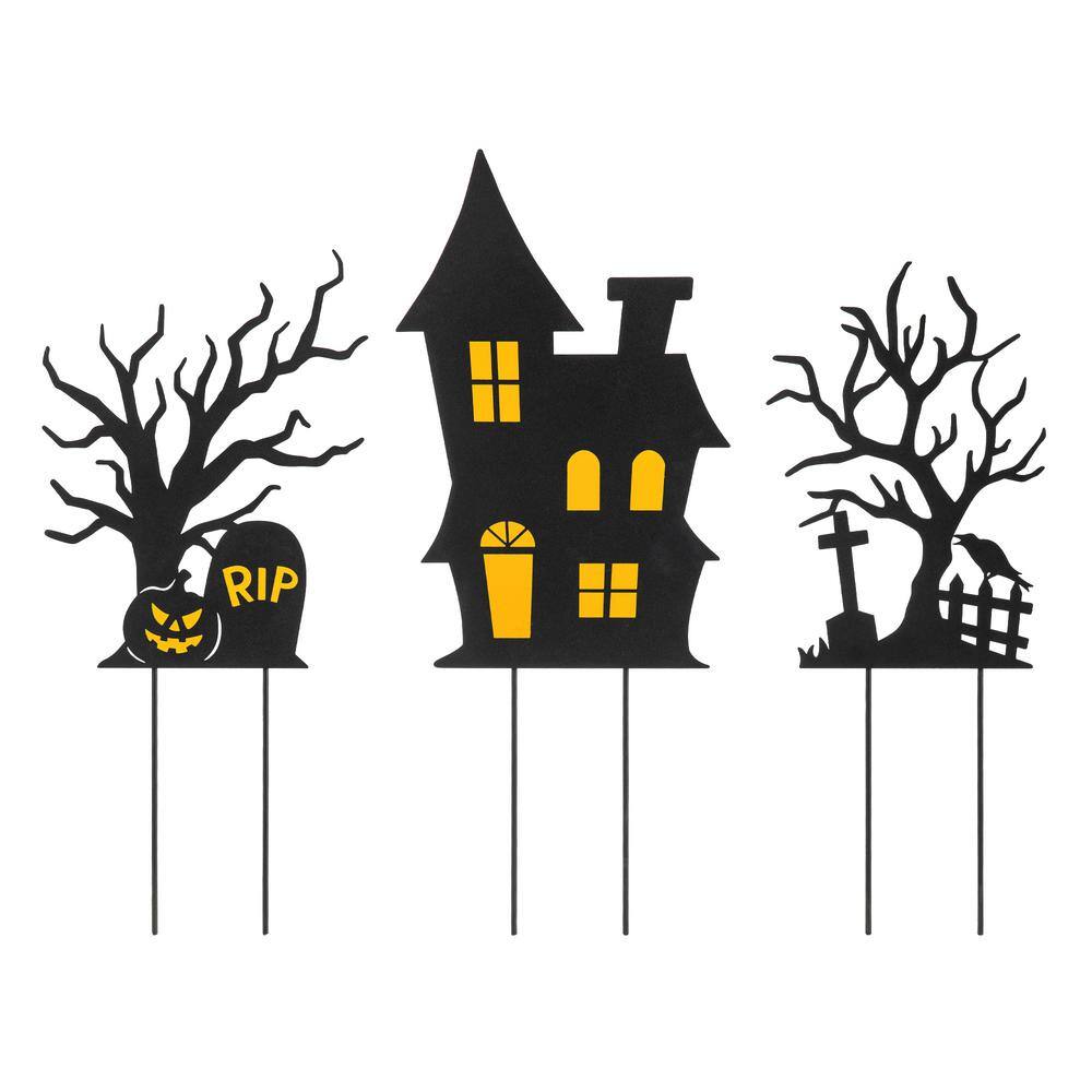 Glitzhome 24 in. H Halloween Metal Silhouette Haunted House and Ghost Tree Yard Stake or Hanging
