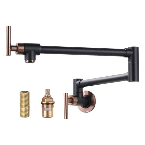 Brass Wall Mount Pot Filler with 2 Handles and Double Joint Swing Arms Folding Kitchen Faucet in Rose Gold and Black