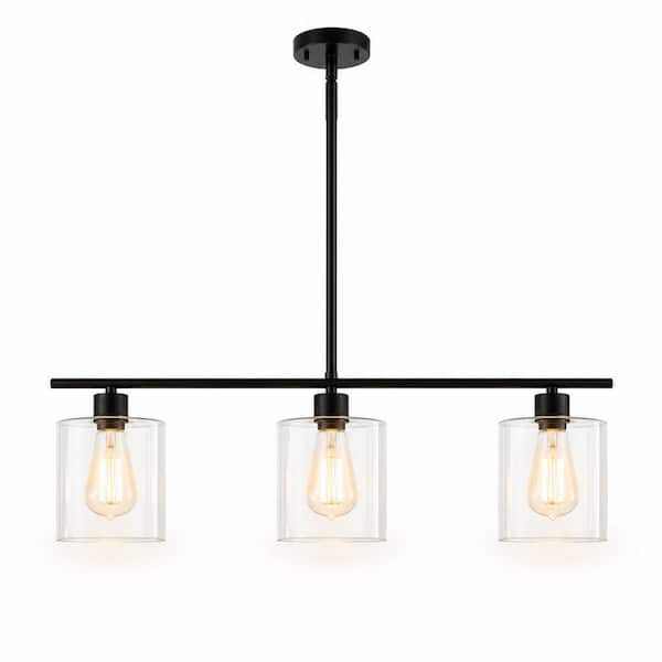 3-Light Matte Black Modern Kitchen Island Light fixtures,Linear Chandelier Pendant Hanging Light with Clear Glass Shade