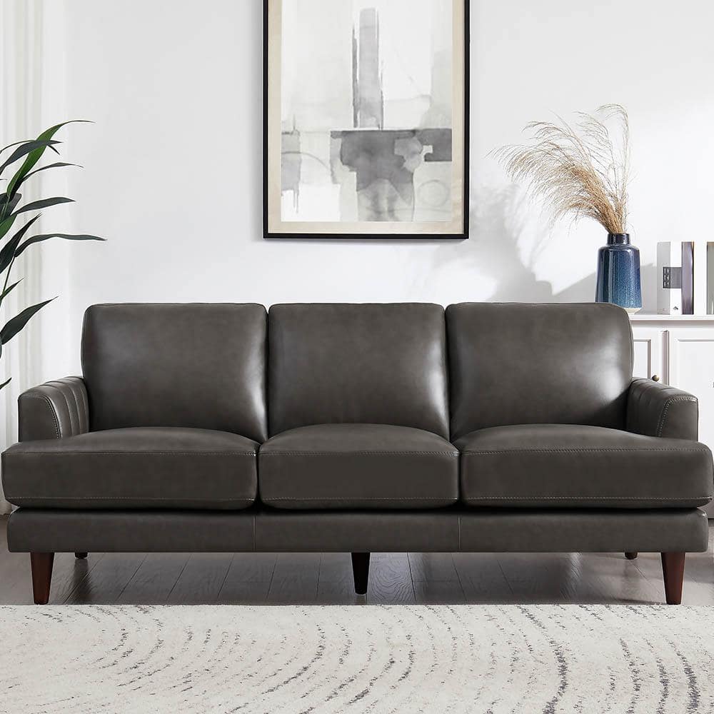 Cassia 80 in. Square Arms Top Grain Leather Rectangle 3-Seater Sofa in Conc