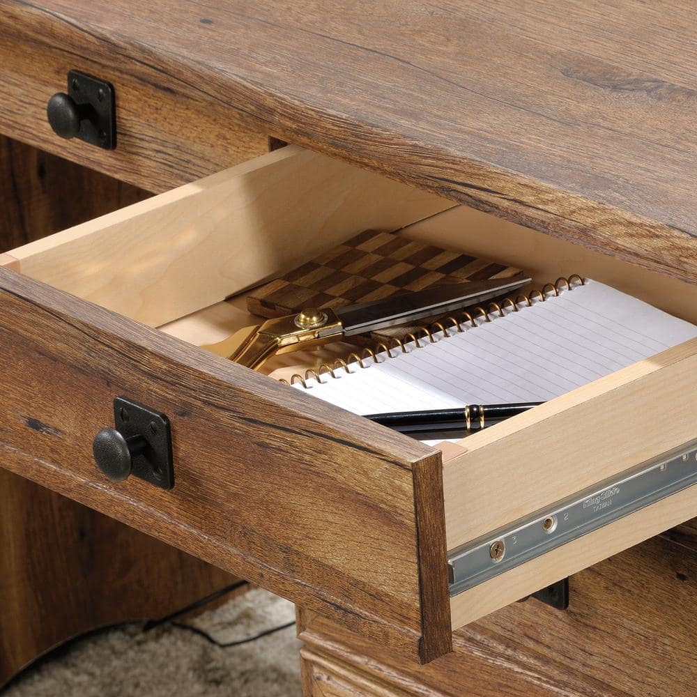 Vintage Oak Executive Desk with Drawers and Power Outlet