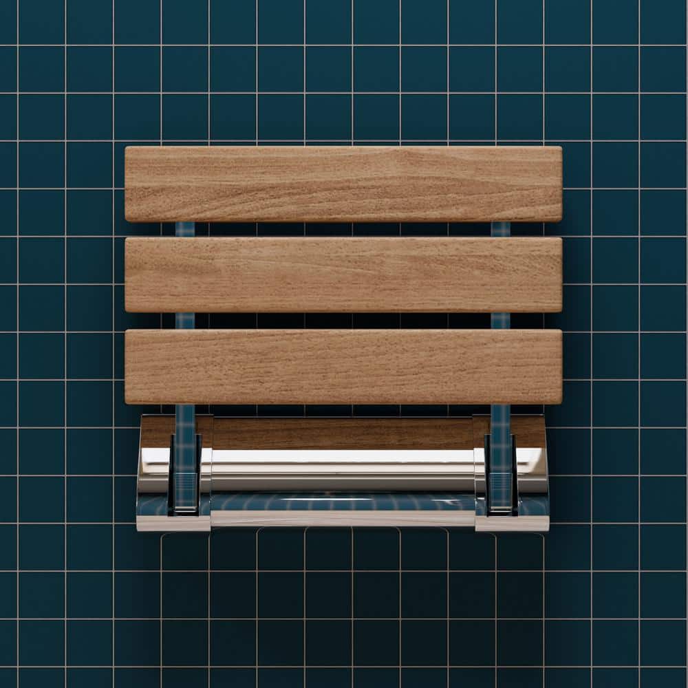 Natural Teak Wood Folding Shower Seat with Chrome Mount