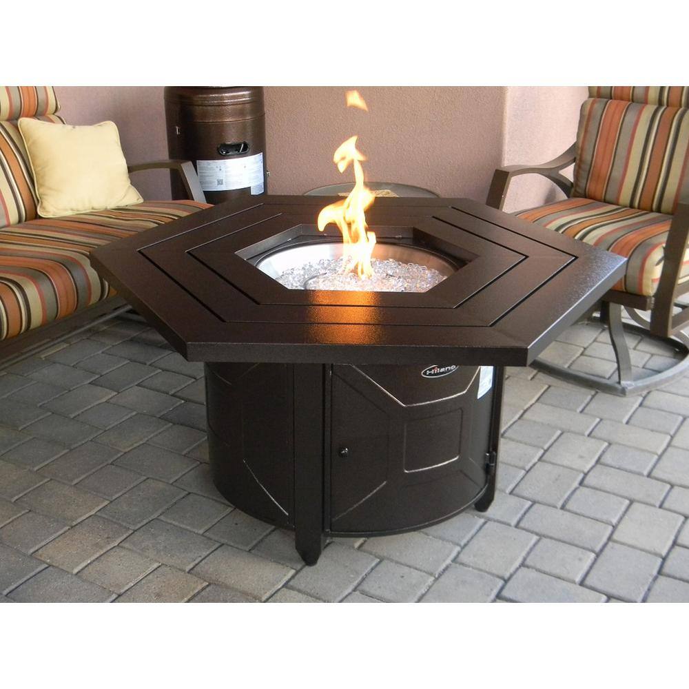 Hammered Bronze Hexagon Gas Fire Pit with Clear Glass