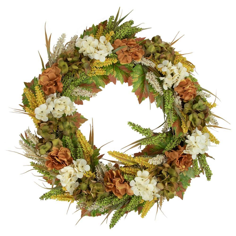 28-Inch White and Orange Hydrangea Artificial Fall Wreath