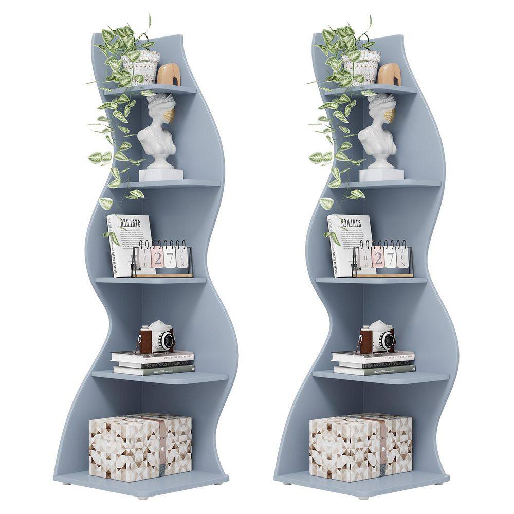 Eulas 69.8 in. Tall Blue Wood 5-Shelf Standard Bookcase Corner Shelf with Storage Shelf and Curvy Shape (Set of 2)