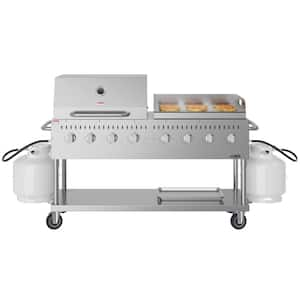 Portable Commercial Outdoor Propane Grill 60 in. with 30 in. Roll Dome Cover and 30 in. Griddle in Stainless Steel