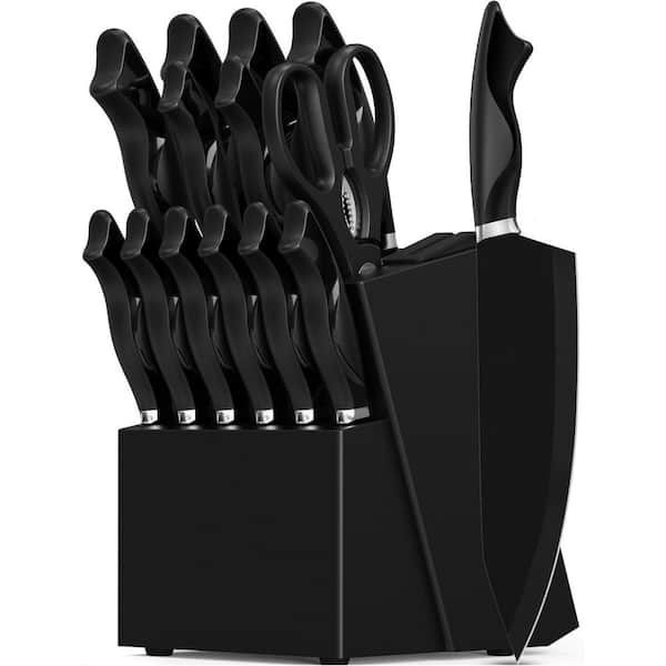15-Piece German High Carbon Stainless Steel Knife Block Set in Black with Build-in Knife Shapener, Dishwasher Safe