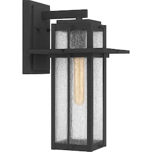 Randall 9 in. 1-Light Mottled Black Outdoor Wall Lantern Sconce with Clear Seeded Glass