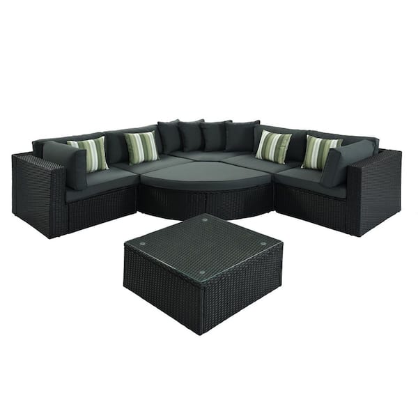 Unbranded Black 7-Piece Wicker Outdoor Sectional Set, Rattan Conversation Set with Gray Cushions, Pillows for Patio, Garden, Deck