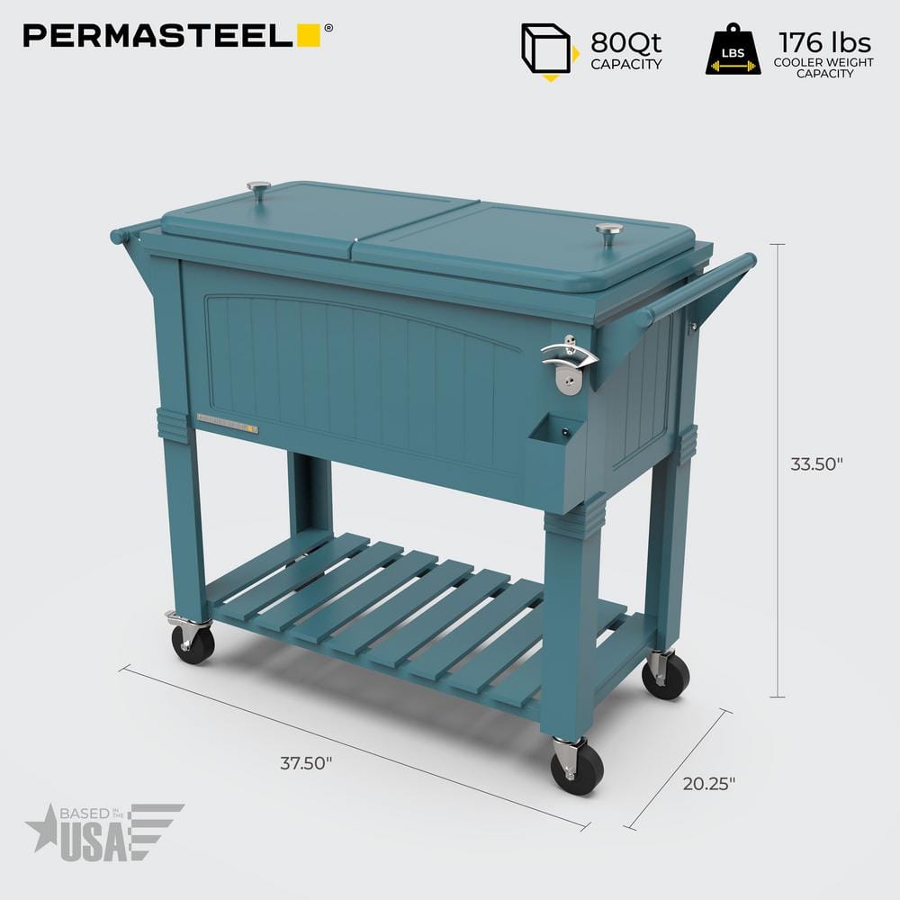 Teal Antique Rolling Wood Patio Cooler with Wheels