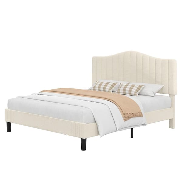 Upholstered Bed Frame Full Size with Sheepskin Fabric Adjustable Headboard Platform Bed, Beige