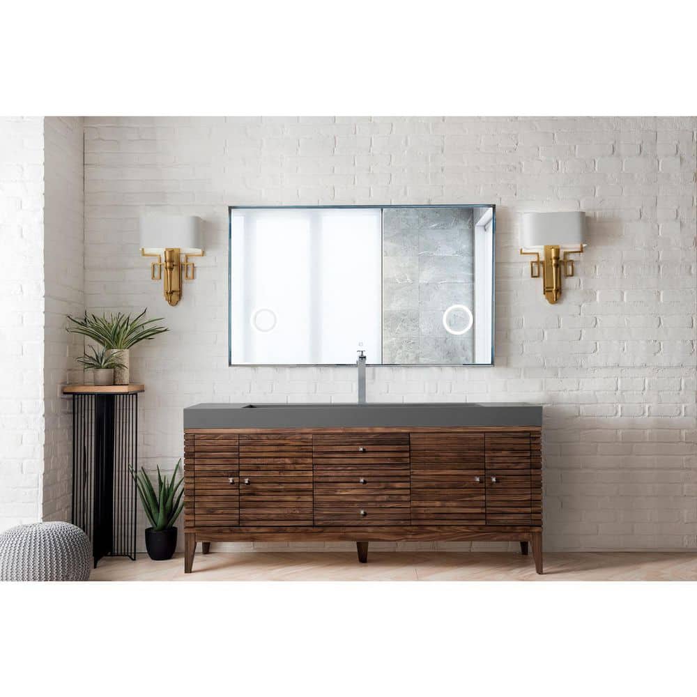 Linear 72.5 in. W x 19 in. D x 34.3 in. H Bathroom Vanity in Mid Century Walnut with Dusk Grey Glossy Composite Top price history on PriceWatchPro