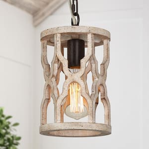Farmhouse 1-Light Rustic Bronze Drum Pendant Light with Wooden Open Cage Frame