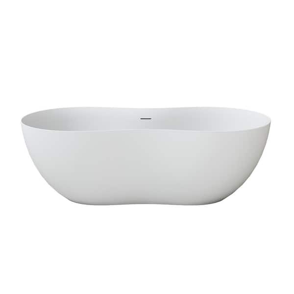 VANITYFUS 62.99 in. x 25.59 in. Solid Surface Freestanding Bathub with Center Drain in White