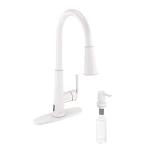 Single-Handle Pull Down Sprayer Kitchen Faucet with Touchless Sensor, LED, Soap Dispenser and Deckplate in Matte White