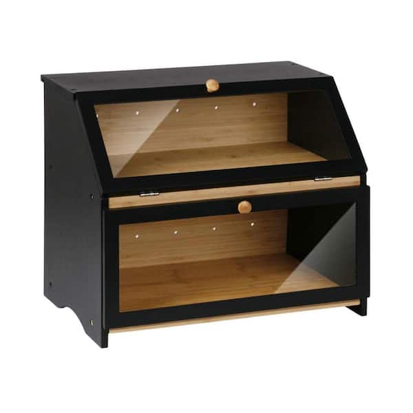 1-Piece Double Layer Large Bread Box for Kitchen Counter, Wooden Bread Storage Bin with Clear Window (Black)