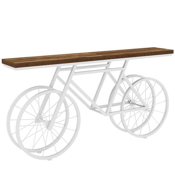 Benjamin 70.9 in. White& Brown Rectangle Wood Extra Long Console Table Bicycle Metal Base Living Room Entryway Hallway
