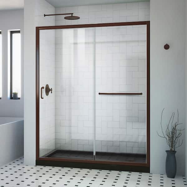 DreamLine 32 in. L x 60 in. W x 76 3/4 in. H Alcove Shower Kit with Sliding Semi-Frameless Shower Door in Bronze and RB Shower Pan