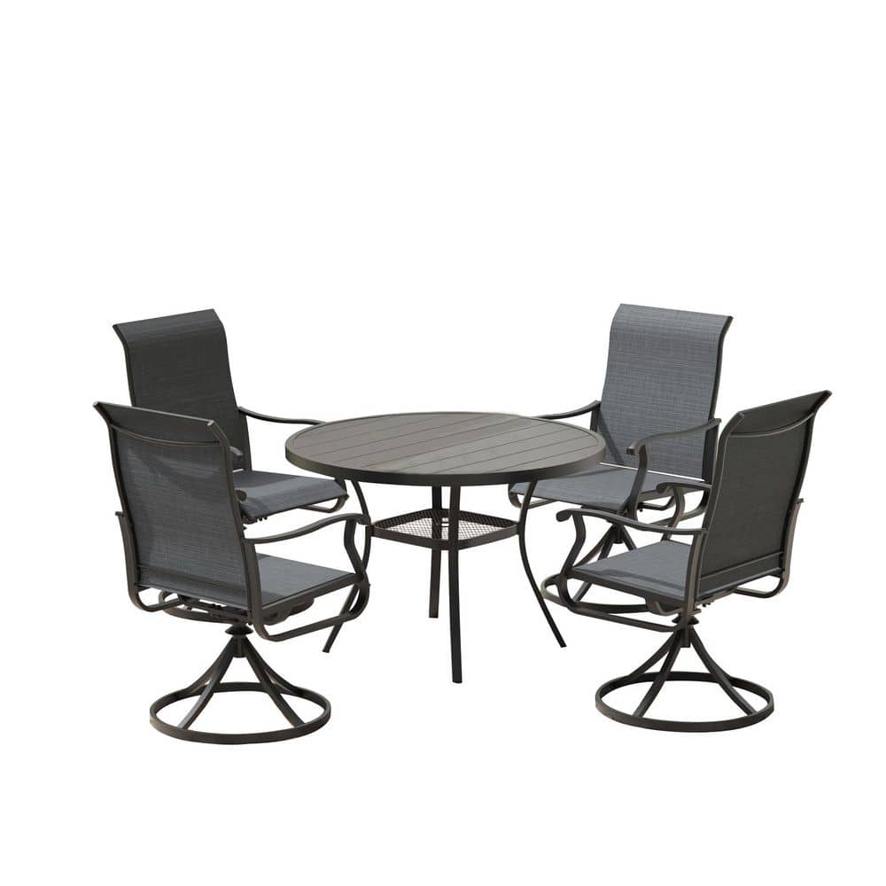 5-Piece Metal Outdoor Dining Set with Storage Shelf, Walnut Tabletop, Umbrella Hole, Gray Seats price history on PriceWatchPro