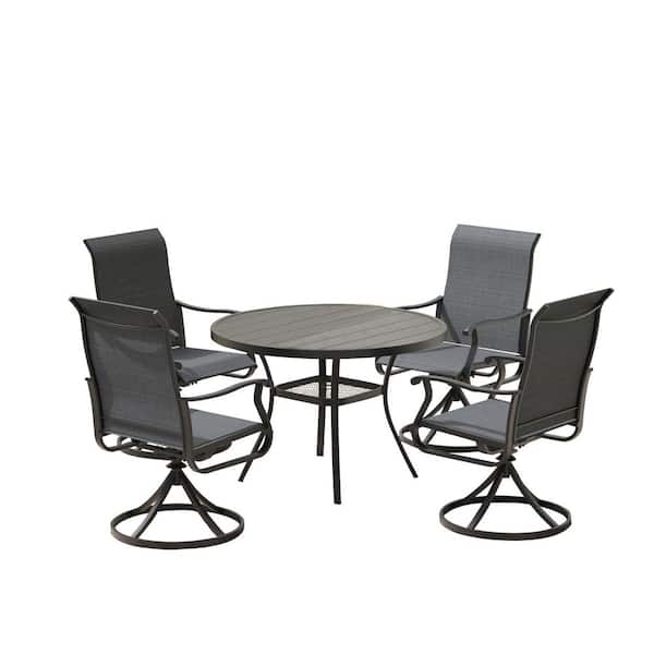 5-Piece Metal Outdoor Dining Set with Storage Shelf, Walnut Tabletop, Umbrella Hole, Gray Seats