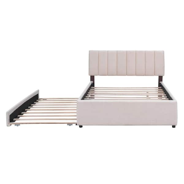 Wood Frame Full Size Teddy Fleece Upholstered Platform Bed with Trundle and Light Headboard, Beige