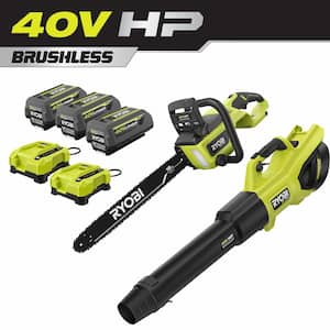 40V HP Brushless 18 in. Battery Chainsaw and 190 MPH 730CFM Battery Leaf Blower w/ (3) Batteries, (two) Chargers