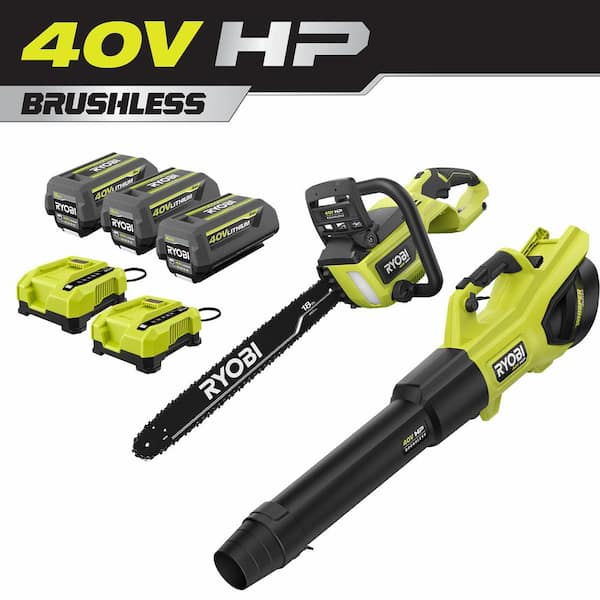 RYOBI 40V HP Brushless 18 in. Battery Chainsaw and 190 MPH 730CFM Battery Leaf Blower w/ (3) Batteries, (two) Chargers