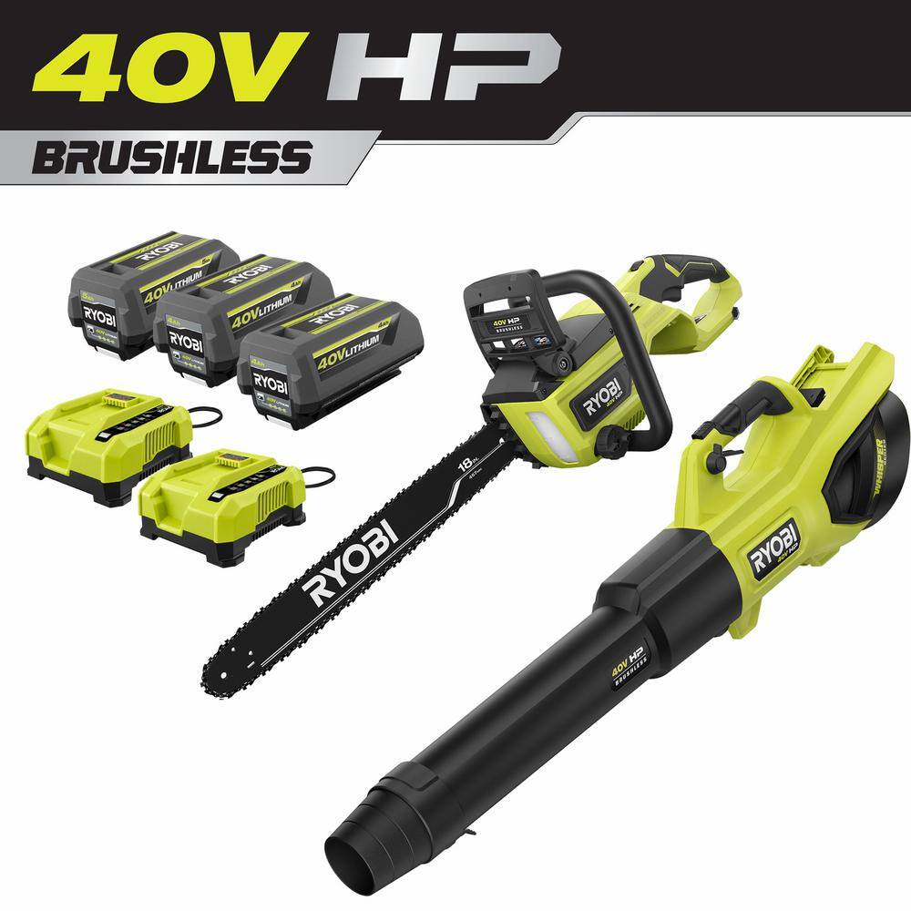 RYOBI 40V HP Brushless 18 in. Battery Chainsaw and 190 MPH 730CFM Battery Leaf Blower w/ (3) Batteries, (2) Chargers -  RY40580-BLW