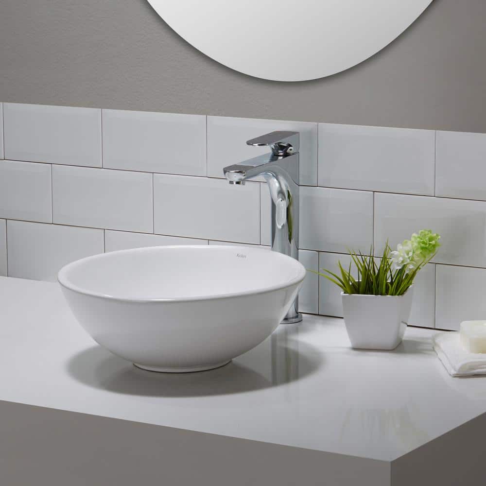 Elavo White Ceramic Round Vessel Sink with Oil Rubbed Bronze Drain